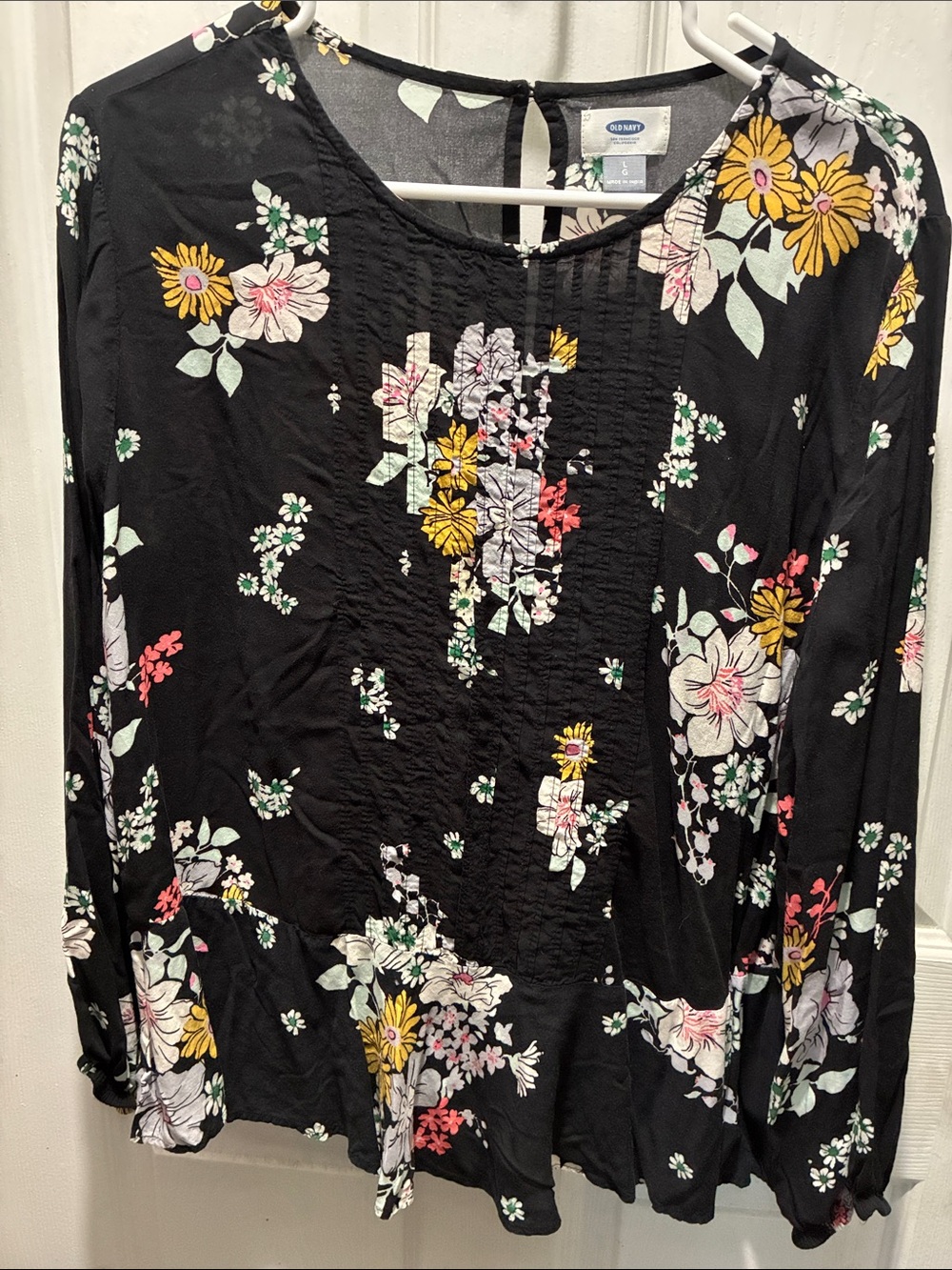 Old Navy Black Floral Long-Sleeve Blouse with Yellow Accents